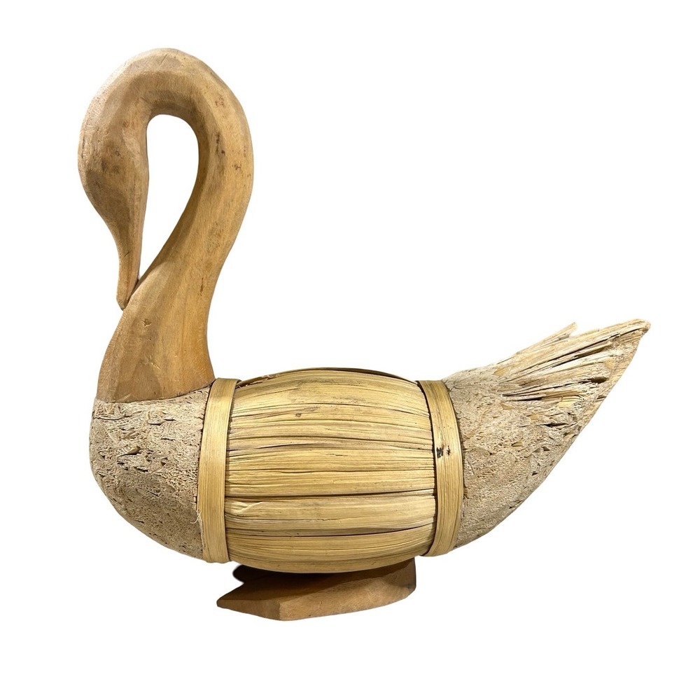 Vintage Handcrafted Wood and Fiber Swan Figurine Made in Philippines